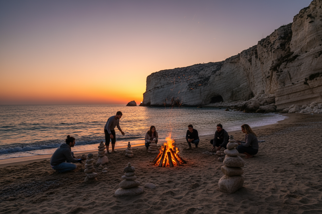 Genera un immagine con una spiaggia di calapaura di polignano dove un gruppo di 6 perosne al tramonto fa un istallazione di pietre marine e c'è un fuoco acceso sulla spiaggia