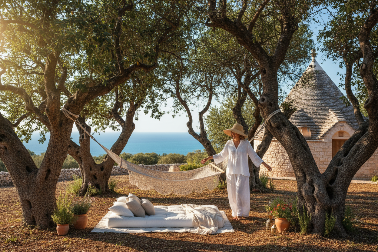 immagine di una foresta di garrubi (alberi tipici salentini) con un amaca sospesa sui rami dell'albero e un trullo sullo sfondo a destra. Una donna si avvicina all'amaca per masasggio mentre un futon è adagiato a terra. SFONDO MARE