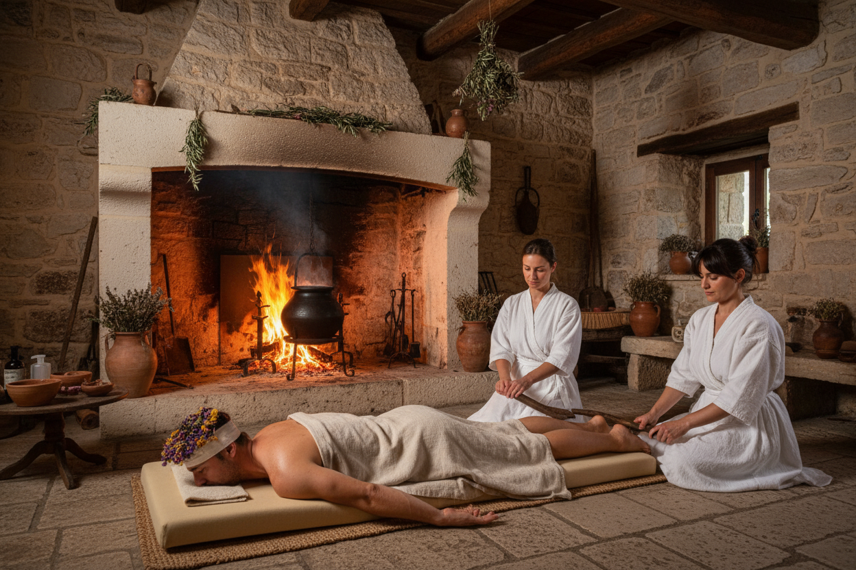 genera un immagine in un antica casa di pietra delle tradizioni contadine della puglia. Metti vicino a un caminetto acceso con sopra una pignata tipica a bollire un  futon da massaggio. L'uomo è chi riceve il massaggio, invece due operatrici donne in kimono bianco lavorano su di lui. la prima è inginocchiata alla testa e pone delle bende con petali di fiori incorporati, la seconda ai piedi utilizza dei fuscelli di ulivo per massaggiare gli stinchi
