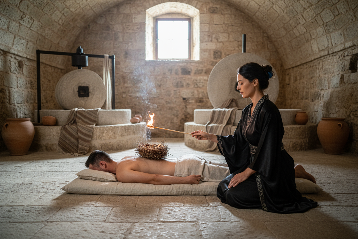 in un antico frantoio, inserisci un futona terra e un uomo sdraiato si schiena, sulla zona sacrale posiziona un piccolo nido di rovi e una operatrice massaggio con kimono nero che ha una bacchetta con una fiammella nell'atto di accendere il piccolo rovo