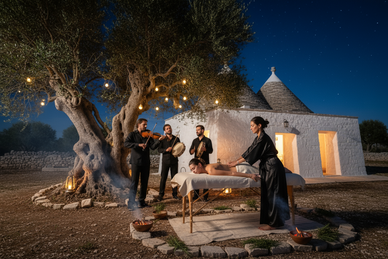 in un paesaggio della murgia pugliese, sotto un albero metti dei musicanti di pizzica con violino e tamburrello, accanto una casa in pietra e un lettino da massaggio dove ci sono dei teli con il fuoco. Di notte, sopra il lettino una donna e una massaggiatrice con un kimono nero