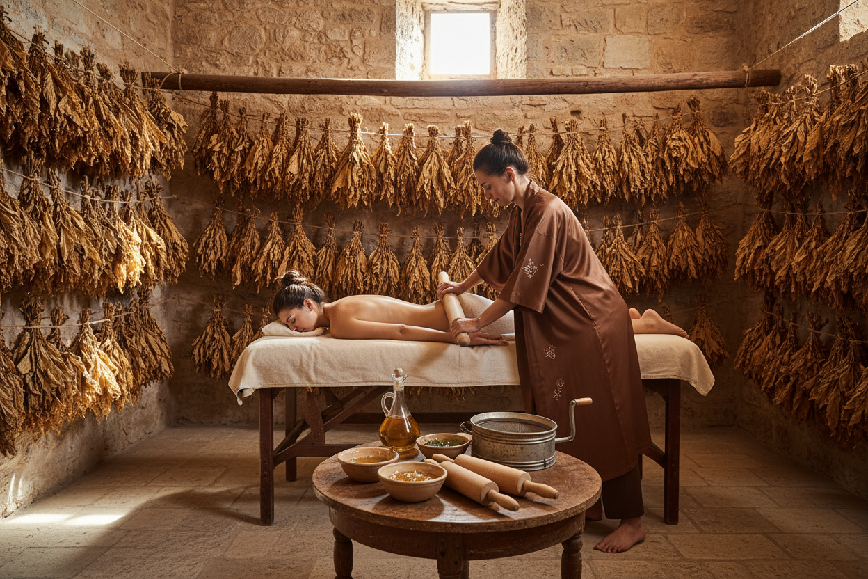 In una fabbrica di tabacco antica pugliese in pietra con fili di tabacco appesi ai muri, metti un lettino con sopra una donna, L'operatrice in kimono color tabacco ha in mano un mattarello per fare il pane e le massaggia la gamba, su un tavolo posto davanti al lettino metti delle ciotole di miele e altri mattarelli con un setaccio da farina e un oliera elegante che contiene olio. la donna che ricve eè a testa in giù